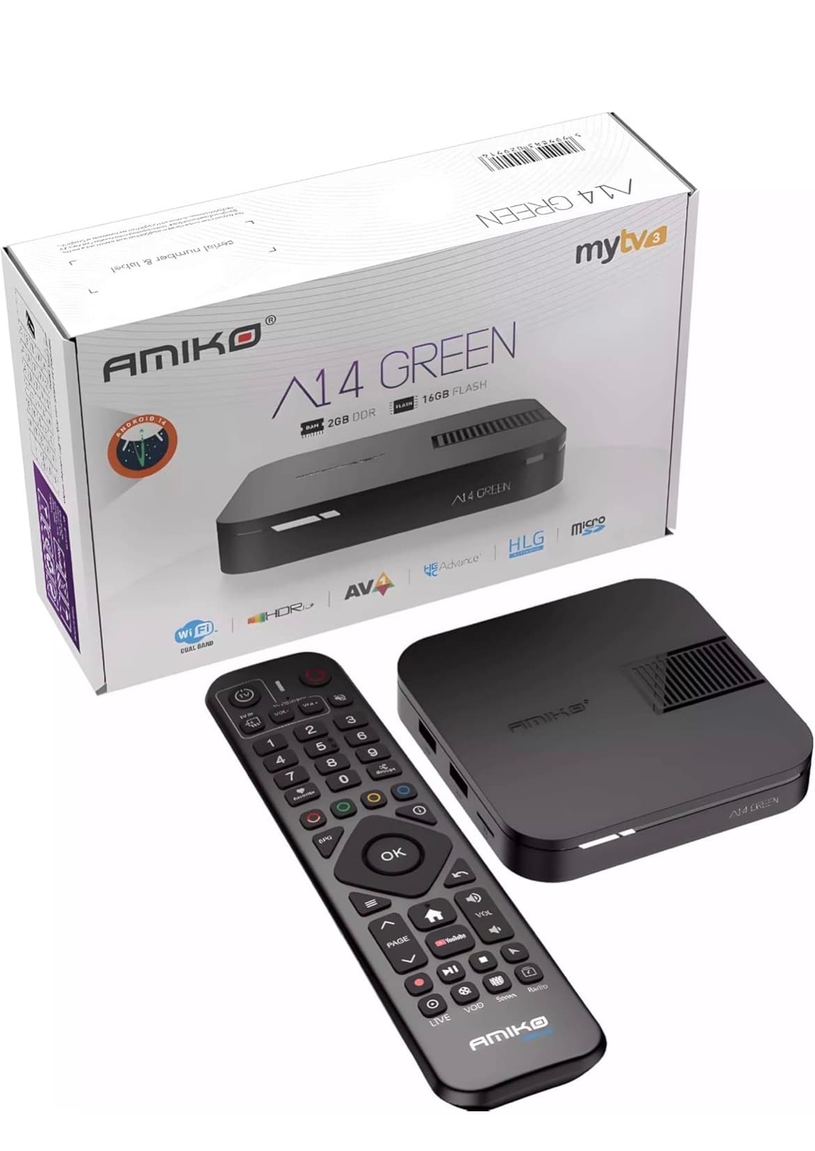 Amiko A14 4K UHD Android 14 Mytv3 Quad Core Dual Band WiFi HDR10 UK Plug TV Box Amiko 