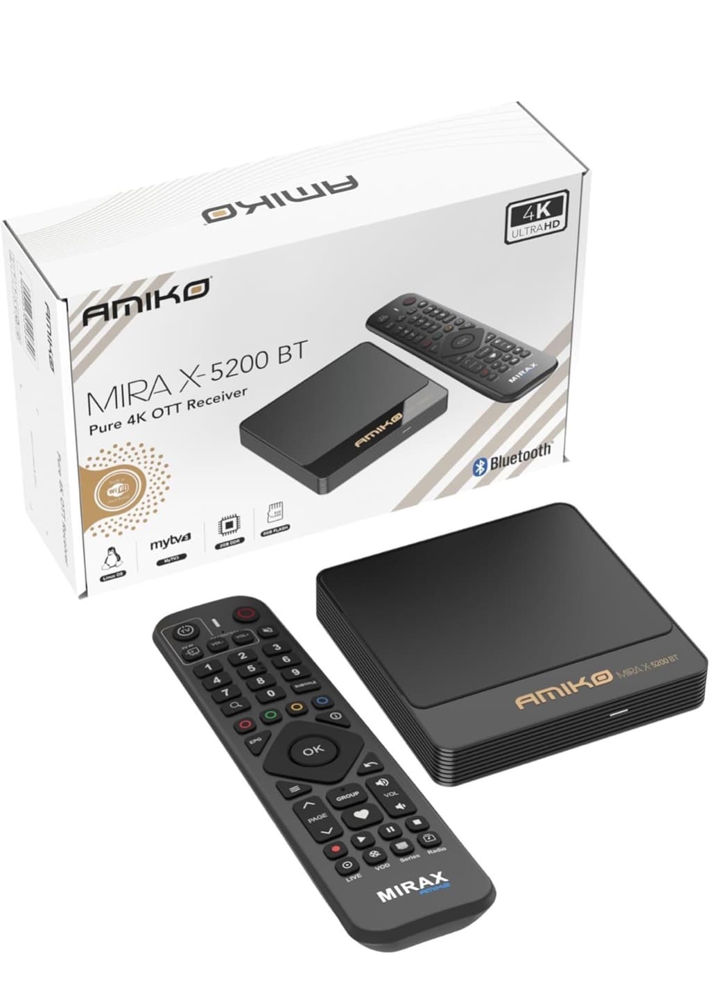 Amiko Mira X-5200 BT Bluetooth Linux Media Streaming 4K Ultra HD OTT Receiver 2GB DDR3 8G