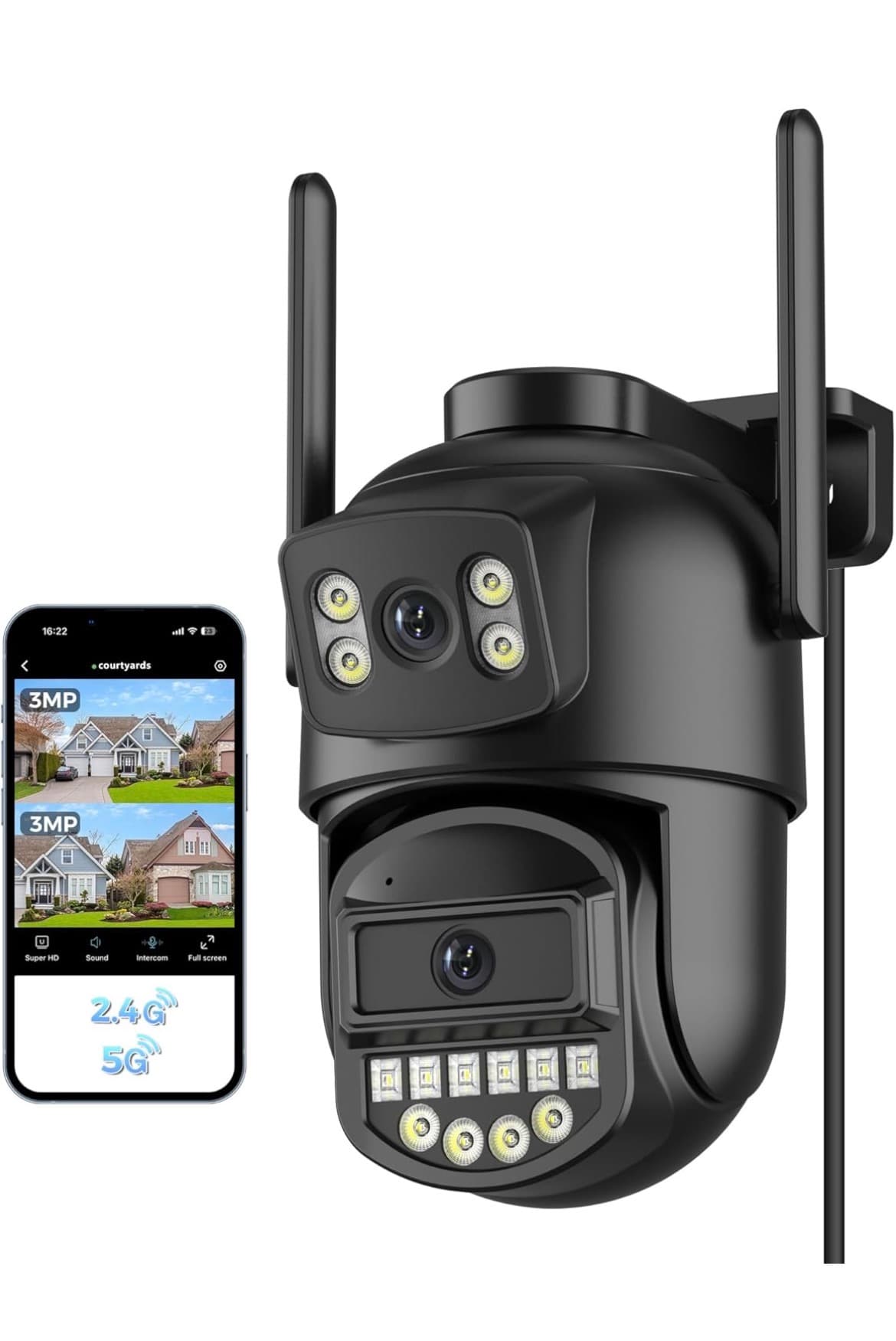 Camera Exterieur,Double Objectif 2K,Camera Surveillance WiFi 2.4/5G,PTZ,Filaire,Vision Nocturne Couleur,Audio Bidirectionnel,Détection Humaine,Alarme,Câble pour Jardin/Garage/Porte d’entrée