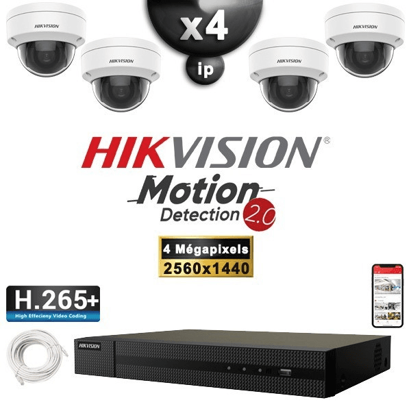 Kit Vidéo Surveillance PRO IP HIKVISION : 4x Caméras POE Dômes LED 30M 4 MP Détection 2.0 + Enregistreur NVR 4 canaux 2000 Go